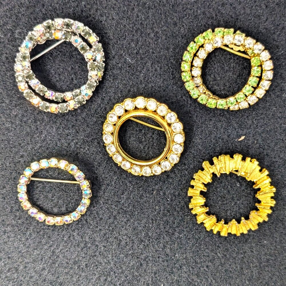 Lot of 5 Vintage Rhinestone Circle pins AB, Clear, Green, Gold tone Small Lapel